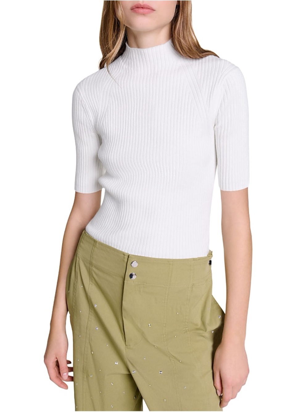 Maje Paris Ribbed Mock Neck Knit Top White Short Sleeve Size 1